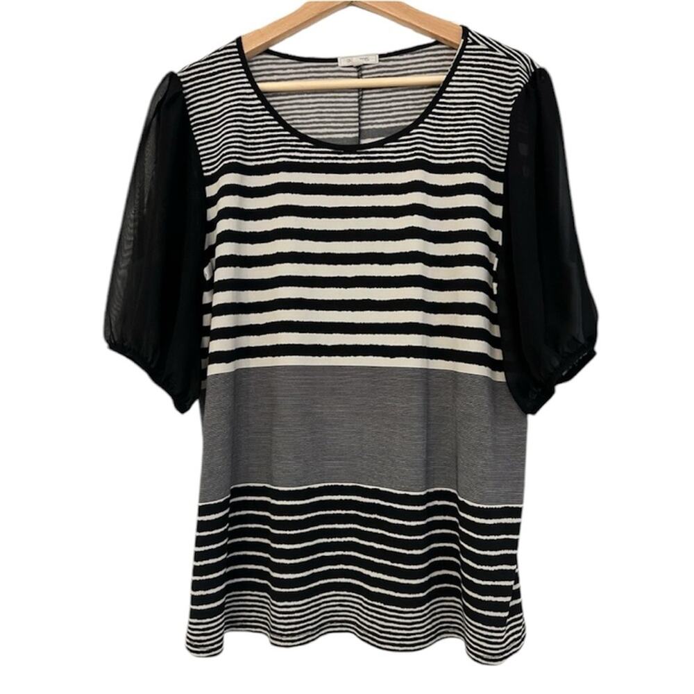 Ava James Blouse with black and white stripes and sheer black puffy sleeve sz XL
